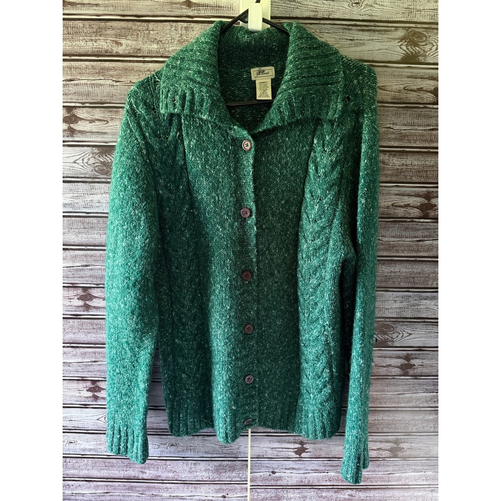 LL Bean Womens Large Green Marled Cable Knit Wool Blend Shawl Cardigan Sweater